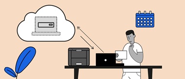 Ilustracija čovjeka koji koristi laptop dok stoji za stolom u kućnom uredu daljinski povezujući se s VDI radnom površinom